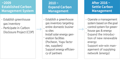 ~2009 탄소경영 체계 구축, 2010~ 탄소경영 확산, 2016년 이후~ 탄소경영 정착